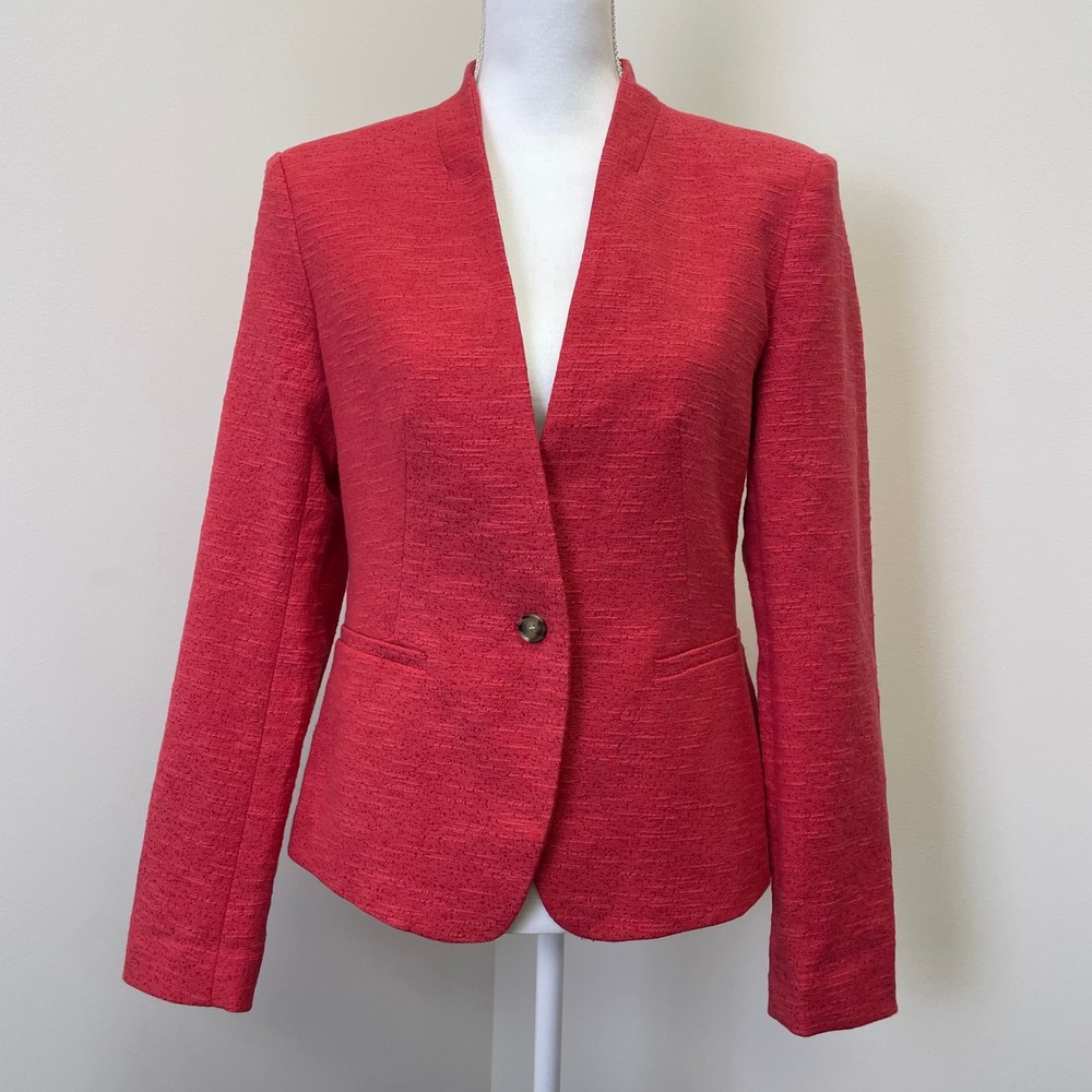 Ann Taylor LOFT Red Textured Tweed Single Button Blazer Jacket 6 Business Casual